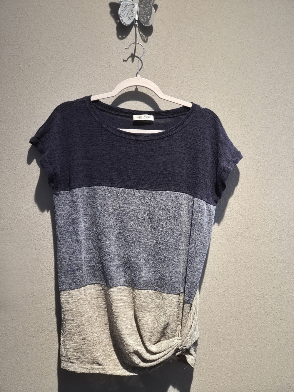 Three-Tone Knit Side-Tie Tee - Navy, Heather Blue & Beige